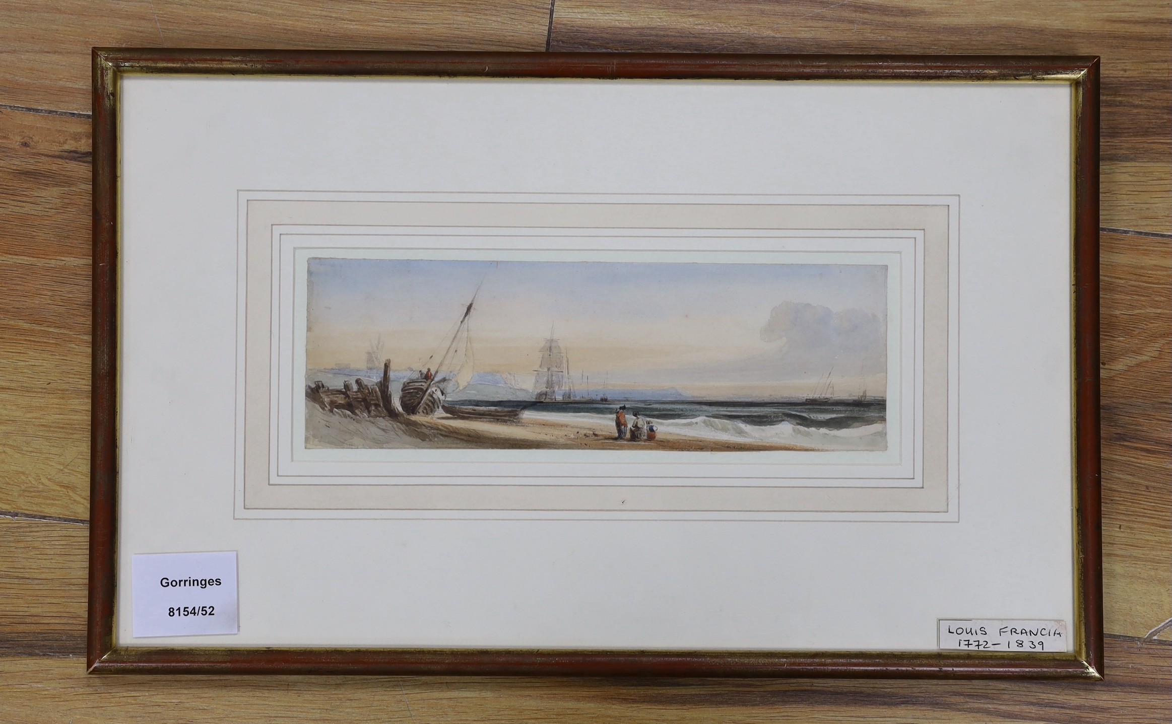 François Louis Thomas Francia (1772–1839), watercolour, Coastal view with fishing boats moored below a castle, 7 x 22cm